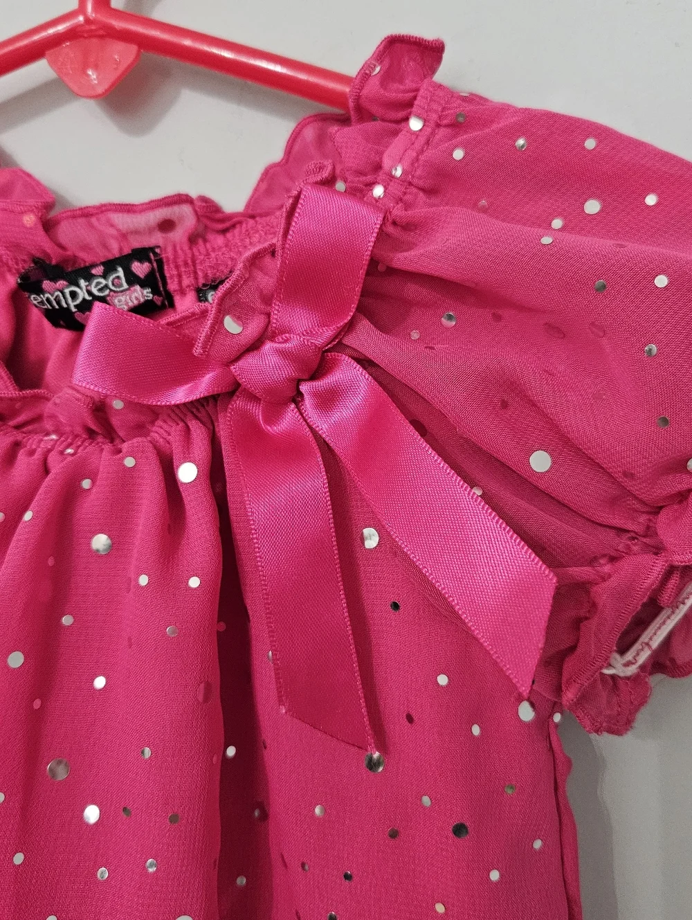 Polka Dot Dress Baby Girl 6-9M Puff Sleeve Bow‎ Party Bubble Hem Pink Metallic